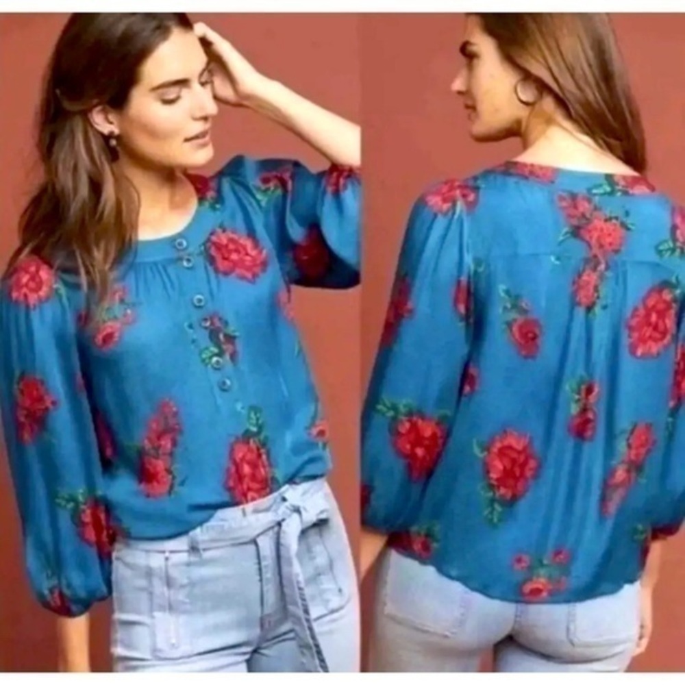Anthropologie‎ Maeve Kalas Teal Red Floral Blouse